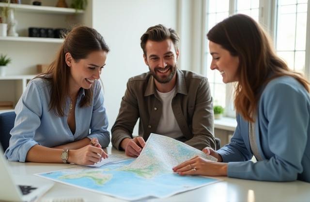 Voyages du Soleil team planning a trip with maps and laptops