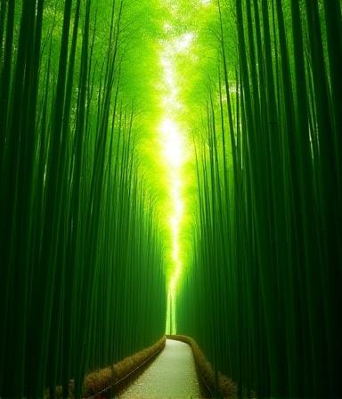 Towering green bamboo forest in Kyoto, Japan