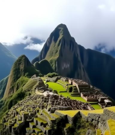 Ancient ruins of Machu Picchu in Peru with misty mountains in the background