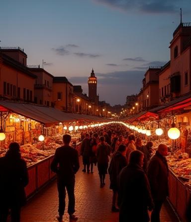 Jemaa el-Fna square in Marrakech, Morocco at dusk