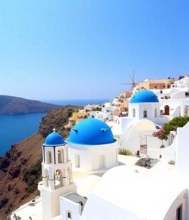 Iconic white buildings with blue domes overlooking the sea in Santorini, Greece