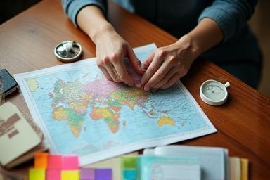 Person looking at a travel map with planning materials