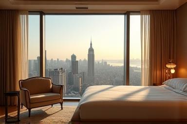 Luxurious hotel room with large windows and city view