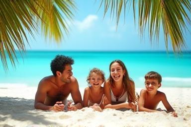 Family enjoying a sunny beach holiday with clear blue water