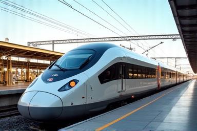 Modern train arriving at a scenic station platform
